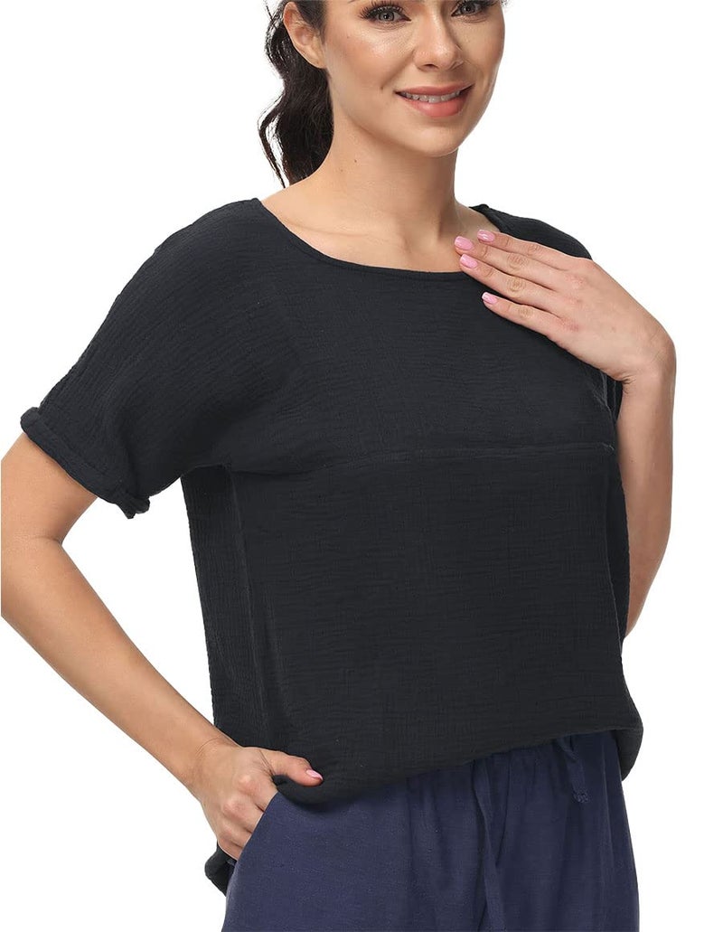 Soojun Women's Solid Round Collar Linen Tops Patchwork Shirts Blouses Black, Medium - Image 3
